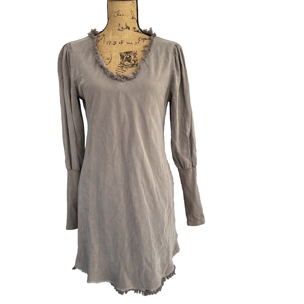 Maven West Dress Small Raw Edge Frayed Hem Long Sleeve Bias Cut‎ in Stone USA
